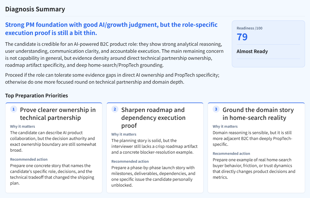 Diagnosis Summary with an overall readiness result and preparation priorities.