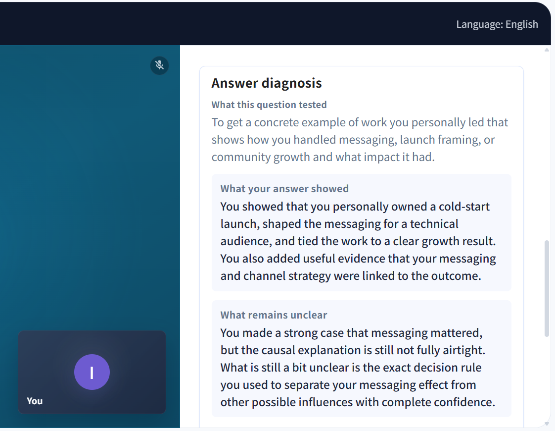 Per-answer diagnosis showing what an answer showed and what remains unclear